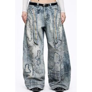Light Blue Printed Baggy Jeans